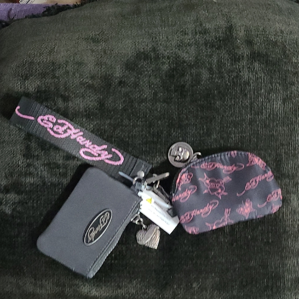 Ed Hardy Womens Tattoo Coin Purse & Card ,Keychain  With Logo Wristlet.NWT